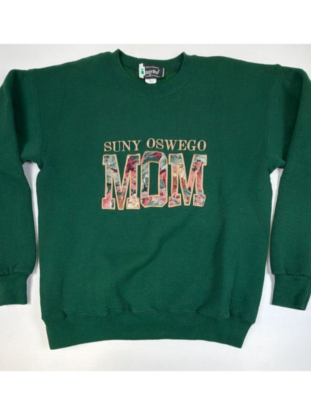 Vintage SUNY Oswego Mom Sweatshirt Medium Green Floral Embroidery Made in USA